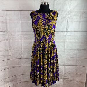 Isaac Mizrahi NY Dress A-line 8 Medium M Purple Gold Leaf royal Zipper pleated